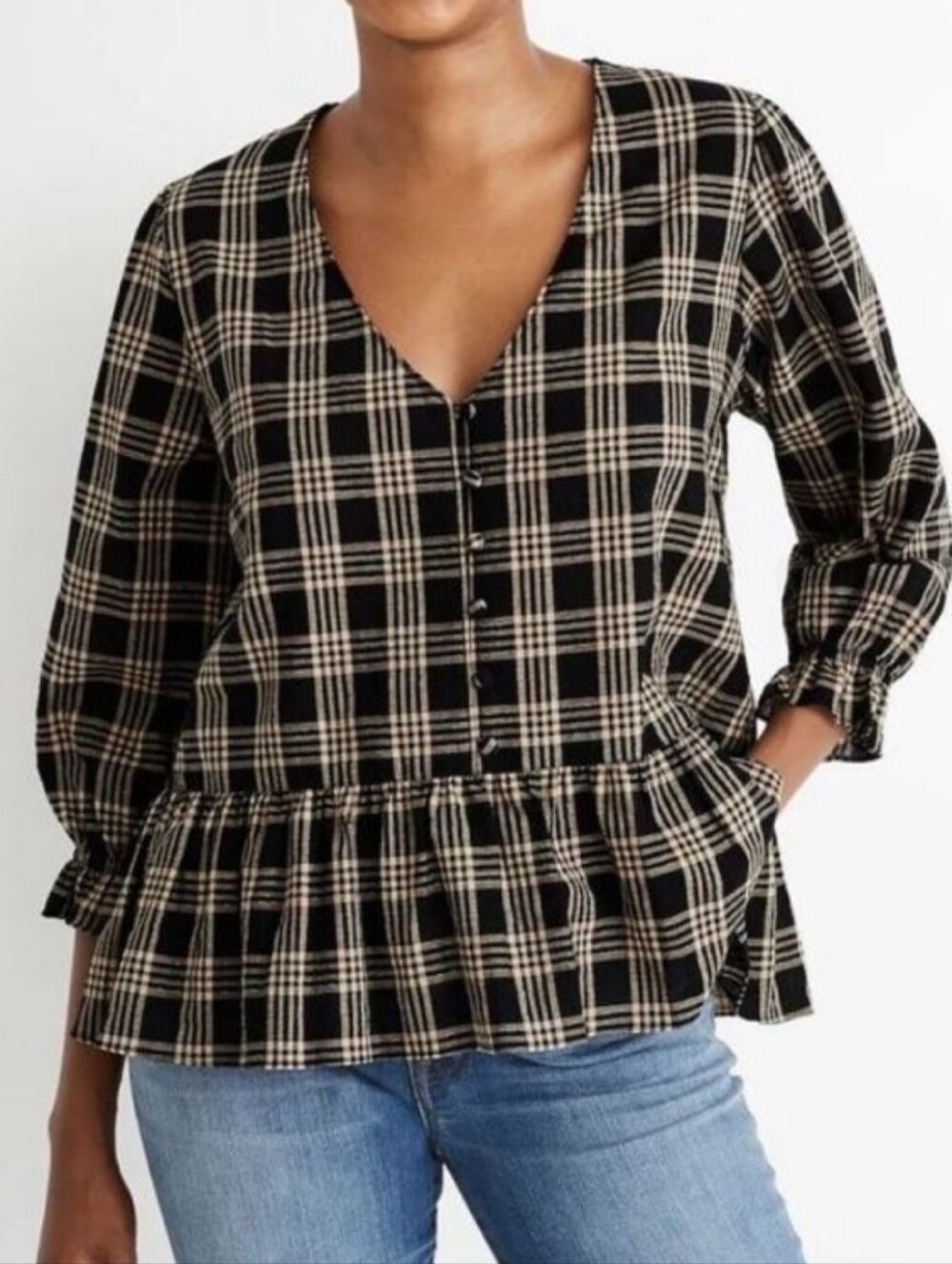 Madewell | Black and Cream Plaid Peplum Button-Front Women’s Top